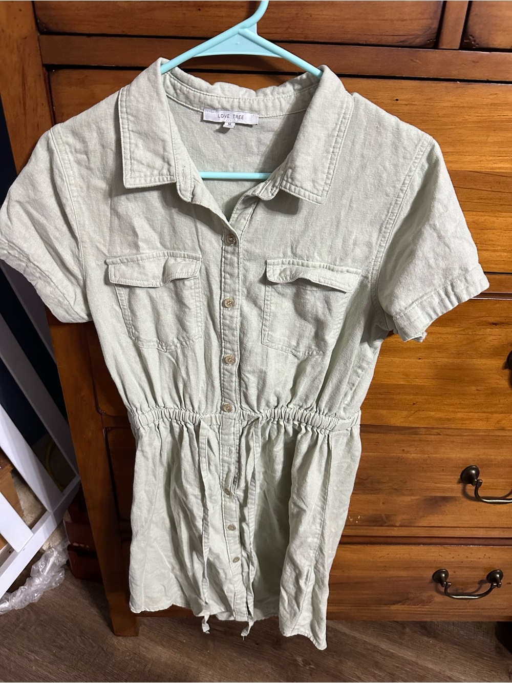 sage green short-sleeve button-down utility dress